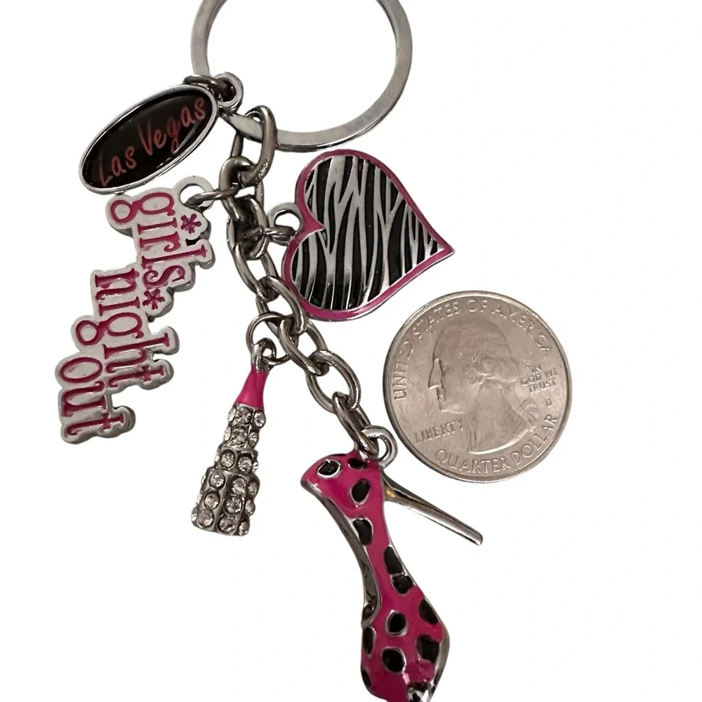 Las Vegas Girls Night Out key chain Silver tone Heart/Heel/Lipstick